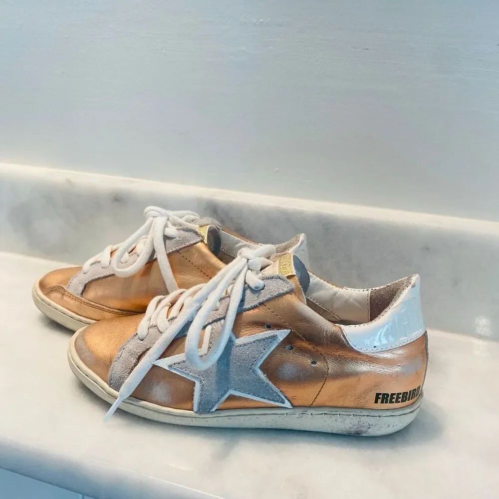 Freebird by Steven Leather Star Distressed Lace Up Sneakers Rose Gold Size 7M